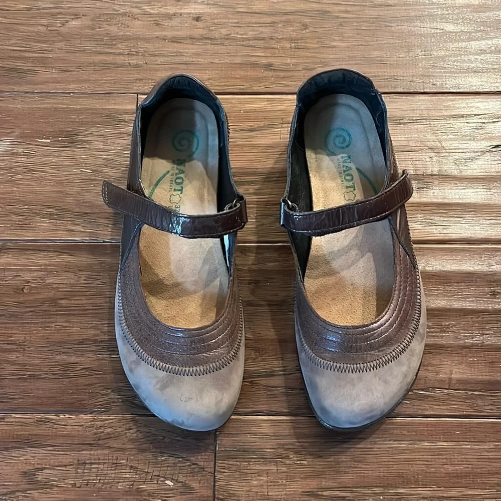 Naot Brown and Taupe Mary Jane Flats